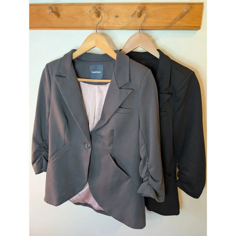 ModCloth Blazer Bundle Black Gray Ruched Sleeve Office Career Medium Lot 2 Pc